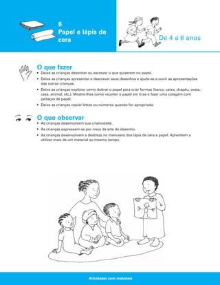 6
Papel e lápis de
cera

De 4 a 6 anos

O que fazer
• Deixe as crianças desenhar ou escrever o que quiserem no papel.
• Deixe as crianças apresentar e descrever seus desenhos e ajude-as a ouvir as apresentações
das outras crianças.
• Deixe as crianças explorar como dobrar o papel para criar formas (barco, caixa, chapéu, cesta,
casa, animal, etc.). Mostre-lhes como recortar o papel em tiras e fazer uma colagem com
pedaços de papel.
• Deixe as crianças copiar letras ou números quando for apropriado.

O que observar
• As crianças desenvolvem sua criatividade.
• As crianças expressam-se por meio da arte do desenho.
• As crianças desenvolvem a destreza no manuseio dos lápis de cera e papel. Aprendem a
utilizar mais de um material ao mesmo tempo.

Atividades com materiais

 
