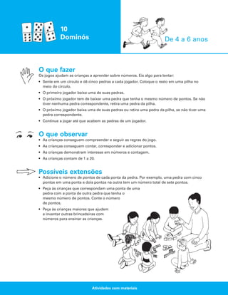 10
Dominós

De 4 a 6 anos

O que fazer
Os jogos ajudam as crianças a aprender sobre números. Eis algo para tentar:
• Sente em um círculo e dê cinco pedras a cada jogador. Coloque o resto em uma pilha no
meio do círculo.
• O primeiro jogador baixa uma de suas pedras.
• O próximo jogador tem de baixar uma pedra que tenha o mesmo número de pontos. Se não
tiver nenhuma pedra correspondente, retira uma pedra da pilha.
• O próximo jogador baixa uma de suas pedras ou retira uma pedra da pilha, se não tiver uma
pedra correspondente.
• Continue a jogar até que acabem as pedras de um jogador.

O que observar
• As crianças conseguem compreender e seguir as regras do jogo.
• As crianças conseguem contar, corresponder e adicionar pontos.
• As crianças demonstram interesse em números e contagem.
• As crianças contam de 1 a 20.

Possíveis extensões
• Adicione o número de pontos de cada ponta da pedra. Por exemplo, uma pedra com cinco
pontos em uma ponta e dois pontos na outra tem um número total de sete pontos.
• Peça às crianças que correspondam uma ponta de uma
pedra com a ponta de outra pedra que tenha o
mesmo número de pontos. Conte o número
de pontos.
• Peça às crianças maiores que ajudem
a inventar outras brincadeiras com
números para ensinar as crianças.

Atividades com materiais

 