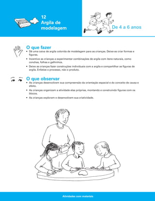 12
Argila de
modelagem

De 4 a 6 anos

O que fazer
• Dê uma caixa de argila colorida de modelagem para as crianças. Deixe-as criar formas e
figuras.
• Incentive as crianças a experimentar combinações de argila com itens naturais, como
conchas, folhas e galhinhos.
• Deixe as crianças fazer construções individuais com a argila e compartilhar as figuras de
argila. Enfatize o processo, não o produto.

O que observar
• As crianças desenvolvem sua compreensão da orientação espacial e do conceito de causa e
efeito.
• As crianças organizam a atividade elas próprias, montando e construindo figuras com os
blocos.
• As crianças exploram e desenvolvem sua criatividade.

Atividades com materiais

 