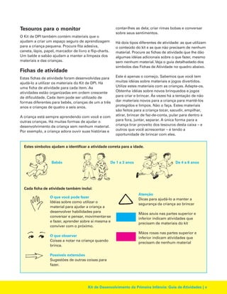 contar-lhes as dela; criar rimas bobas e conversar
sobre seus sentimentos.

Tesouros para o monitor
O Kit de DPI também contém materiais que o
ajudam a criar um espaço seguro de aprendizagem
para a criança pequena. Procure fita adesiva,
caneta, lápis, papel, marcador de livro e flip-charts.
Um balde e sabão ajudam a manter a limpeza dos
materiais e das crianças.

Há dois tipos diferentes de atividade: as que utilizam
o conteúdo do kit e as que não precisam de nenhum
material. Procure as fichas de atividade que lhe dão
algumas idéias adicionais sobre o que fazer, mesmo
sem nenhum material. Veja o guia detalhadado dos
símbolos das Fichas de Atividade no quadro abaixo.

Fichas de atividade
Estas fichas de atividade foram desenvolvidas para
ajudá-lo a utilizar os materiais do Kit de DPI. Há
uma ficha de atividade para cada item. As
atividades estão organizadas em ordem crescente
de dificuldade. Cada item pode ser utilizado de
formas diferentes para bebês, crianças de um a três
anos e crianças de quatro a seis anos.
A criança está sempre aprendendo com você e com
outras crianças. Há muitas formas de ajudar o
desenvolvimento da criança sem nenhum material.
Por exemplo, a criança adora ouvir suas histórias e

Este é apenas o começo. Sabemos que você tem
muitas idéias sobre materiais e jogos divertidos.
Utilize estes materiais com as crianças. Adapte-os.
Obtenha idéias sobre novos brinquedos e jogos
para criar e brincar. Às vezes há a tentação de não
dar materiais novos para a criança para mantê-los
protegidos e limpos. Não o faça. Estes materiais
são feitos para a criança tocar, sacudir, empilhar,
atirar, brincar de faz-de-conta, pular para dentro e
para fora, juntar, separar. A única forma para a
criança tirar proveito dos tesouros desta caixa – e
outros que você acrescentar – é tendo a
oportunidade de brincar com eles.

Estes símbolos ajudam a identificar a atividade correta para a idade.

Bebês

De 1 a 3 anos

De 4 a 6 anos

Cada ficha de atividade também inclui:
O que você pode fazer
Idéias sobre como utilizar o
material para ajudar a criança a
desenvolver habilidades para
conversar e pensar, movimentar-se
e fazer, aprender sobre si mesma e
conviver com o próximo.
O que observar
Coisas a notar na criança quando
brinca.

Atenção
Dicas para ajudá-lo a manter a
segurança da criança ao brincar
Mãos azuis nas partes superior e
inferior indicam atividades que
precisam de materiais do kit
Mãos rosas nas partes superior e
inferior indicam atividades que
precisam de nenhum material

Possíveis extensões
Sugestões de outras coisas para
fazer.

Kit de Desenvolvimento da Primeira Infância: Guia de Atividades | v

 