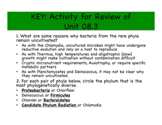 KEY: Activity for Review of 
Unit 08.3 

1. What are some reasons why bacteria from the rare phyla
remain uncultivated?

•  As with the Chlamydia, uncultured microbes might have undergone
reductive evolution and rely on a host to reproduce

•  As with Thermus, high temperatures and oligotrophic (slow)
growth might make cultivation without contamination difﬁcult

•  Cryptic micronutrient requirements, Auxotrophy, or require speciﬁc
metabolic partners

•  As with Planctomycetes and Deinococcus, it may not be clear why
they remain uncultivated.

2. For each pair of phyla below, circle the phylum that is the
most phylogenetically diverse.

•  Proteobacteria or Chlorﬂexi

•  Deinococcus or Firmicutes

•  Chlorobi or Bacteroidetes

•  Candidate Phylum Radiation or Chlamydia

 