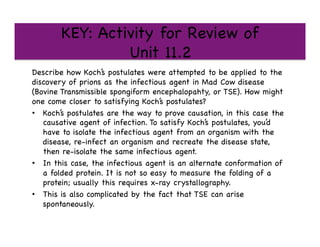 KEY: Activity for Review of 
Unit 11.2 

Describe how Koch’s postulates were attempted to be applied to the
discovery of prions as the infectious agent in Mad Cow disease
(Bovine Transmissible spongiform encephalopahty, or TSE). How might
one come closer to satisfying Koch’s postulates?

•  Koch’s postulates are the way to prove causation, in this case the
causative agent of infection. To satisfy Koch’s postulates, you’d
have to isolate the infectious agent from an organism with the
disease, re-infect an organism and recreate the disease state,
then re-isolate the same infectious agent. 

•  In this case, the infectious agent is an alternate conformation of
a folded protein. It is not so easy to measure the folding of a
protein; usually this requires x-ray crystallography. 

•  This is also complicated by the fact that TSE can arise
spontaneously. 

 