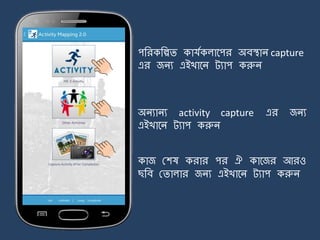 Gram Samsad & Gram Sabha Meeting
ME-3 Activity
Other Activities
Capture Activity after completion
পজরকজিি কাযেকলার্পর অবিাি capture
এর জিয এইখার্ি ট্যাপ করুি
অিযািয activity capture এর জিয
এইখার্ি ট্যাপ করুি
কাজ মশষ করার পর ঐ কার্জর আরও
ছজব মিালার জিয এইখার্ি ট্যাপ করুি
 