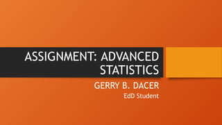 ASSIGNMENT: ADVANCED
STATISTICS
GERRY B. DACER
EdD Student