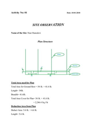 Activity No: 01 Date: 10-01-2018
SITE OBSERVATION
Name of the Site: Near Ranodevi
Plan Structure
TotalArea used for Plan
Total Area for Ground floor = 54 fit. × 41.6 fit.
Length= 54fit.
Breadth= 41.6fit.
Total Area Cover for Plan= 54 fit. × 41.6 fit.
= 2,246.4 Sq. Fit
Deduction Area from Plan
Deduct Area: 5.6 fit. × 4.6 fit.
Length= 5.6 fit.
 