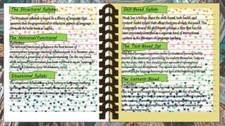 The Structural Syllabus
The Content-Based
Syllabus
The Task-Based Syl
labus
Skill-Based Syllabi
Situational Syllabi
The Notional/Functional
Syllabus
The structural syllabusis basedon a theoryof language that
assumesthat the grammatical or structuralaspectsof language
formare themostbasicor useful.
The notional/functionalsyllabusis the best known of
contemporarylanguage teaching syllabustypes.It is, however,also
the objectof a greatdeal of misunderstanding.On the onehand,
whilenotional/functionalismhas beenreferredto as an "approach"
(Brumfit & Johnson,1979: Widdowson,1979),
The situationalsyllabushas a long historyin language teaching,
butsituational content has mostlybeenusedas an adjunctto
instruction that is primarily focusedon languageformand
structure.
Much lessis knownabout theskill -based,task-based,and
content -basedsyllabithan aboutthe typesalreadydiscussed.This
is especially trueof the skill-basedsyllabus,a typethat has not
beenpreviously identifiedas a separatekindof instructional
content in the literature on language teaching.
Task-basedlearningis sometimessimilarto situationallearning, but the
contentof thesituationsis providedby thestudentsthemselves. Tasksare
alsonotstatic;thatis, theyshouldinvolvea processof informational
manipulationand development. They shouldalsoinvolveinformational
contentthatthe language learnersdo nothave at thebeginningof thetask.
Content-basedlanguageteachinghasbeen in existencefor some
time, buthas only recentlybeen recognizedas a viableway of teaching
languageas an end in itself. In concept, content -basedteachingis simple:It
is theteachingof contentor informationin thelanguagebeinglearnedwith
little r director expliciteffortto teachthelanguageitselfseparatelyfrom
thecontentbeingtaught.
 