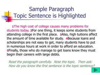 Sample Paragraph
Topic Sentence is Highlighted
1The high cost of college causes many problems for
students today. 2For one thing, it keeps some students from
attending college in the first place. 3Also, high tuitions affect
the amount of time available for study. 4Because loans and
scholarships are not easy to get, many students have to put
in numerous hours at work in order to afford an education.
5Finally, those who do manage to get loans know they must
begin their careers with large debts.
Read the paragraph carefully. Note the topic. Then ask:
How do you know the first sentence is the topic sentence?
 