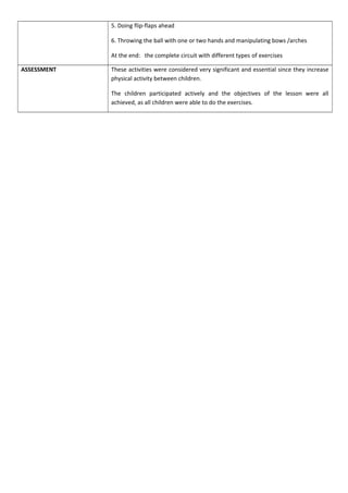 5. Doing flip-flaps ahead
6. Throwing the ball with one or two hands and manipulating bows /arches
At the end: the complete circuit with different types of exercises
ASSESSMENT These activities were considered very significant and essential since they increase
physical activity between children.
The children participated actively and the objectives of the lesson were all
achieved, as all children were able to do the exercises.
 