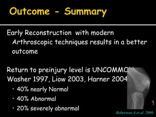 Early Reconstruction with modern
Arthroscopic techniques results in a better
outcome
Return to preinjury level is UNCOMMON
Washer 1997, Liow 2003, Harner 2004,
• 40% nearly Normal
• 40% Abnormal
• 20% severely abnormal
Robertson A et al. 2006Robertson A et al. 2006..
 