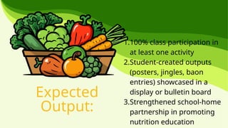 Expected
Output:
1.100% class participation in
at least one activity
2.Student-created outputs
(posters, jingles, baon
entries) showcased in a
display or bulletin board
3.Strengthened school-home
partnership in promoting
nutrition education
 