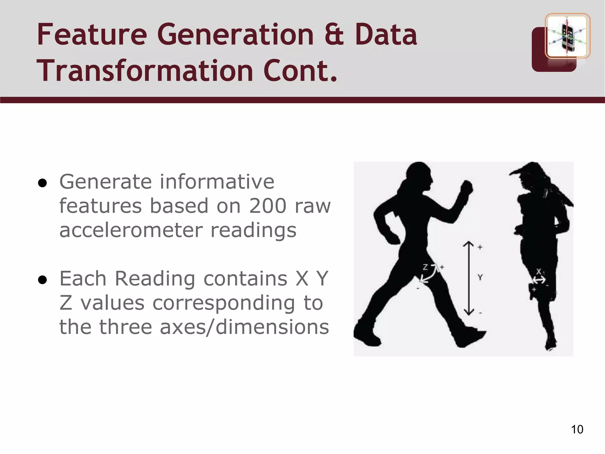 ● Generate informative
features based on 200 raw
accelerometer readings
● Each Reading contains X Y
Z values corresponding to
the three axes/dimensions
Feature Generation & Data
Transformation Cont.
10
 