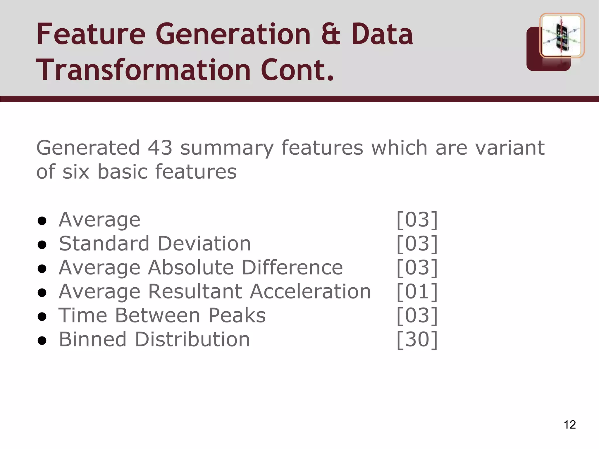 Generated 43 summary features which are variant
of six basic features
● Average [03]
● Standard Deviation [03]
● Average Absolute Difference [03]
● Average Resultant Acceleration [01]
● Time Between Peaks [03]
● Binned Distribution [30]
Feature Generation & Data
Transformation Cont.
12
 