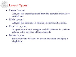 • Linear Layout
A layout that organizes its children into a single horizontal or
vertical row.
• Table Layout
A layout that positions its children into rows and columns.
• Relative Layout
A layout that allows to organize child elements in positions
relative to the parent or siblings elements.
• Frame Layout
It is designed to block out an area on the screen to display a
single item.
Layout Types
 