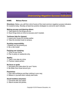 Activity Sheet:
                                  Overcoming Negative Success Indicators

NAME:         Melissa Ramos

Directions: Below, you will find a list of some of the most common negative success indicators
for students today. Develop at least two positive strategies to overcome each indicator.

Making excuses and blaming others:
1. Take blame for the things you do.
2. Have things done on time so excuses aren’t needed.

Tardiness (late for classes):
1. Leave your house 20 minutes earlier.
2. Take the shortest route to campus.

Avoiding responsibility:
1.Realize you are growing up.
2. Be a role model.

Partying over studying:
1. Think of your future.
2. Plan to party on weekends only.

Apathy:
1. Take it one step at a time.
2. Practice makes perfect.

No focus or goals
1. Set goals and make plans for your’ future.
2. Be better than those around you.

Pessimism:
1. Gain self-confidence and fear nothing in your way.
2. Believe in yourself when nobody else does.

Social isolation (shyness):
1. Converse with your peers
2. Attend socials and parties.


                                 Copyright © 2010 Pearson Education, Inc.
 
