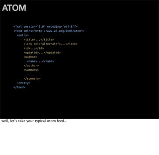 ATOM




                      title + link + summary +
                       author + id + updated




remember that the...
