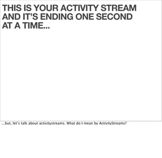 THIS IS YOUR ACTIVITY STREAM
AND IT’S ENDING ONE SECOND
AT A TIME...




...but, let’s talk about activitystreams. What do...