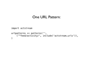 One URL Pattern:

import actstream

urlpatterns += patterns('',
    ('^feed/activity/', include('actstream.urls')),
)
 
