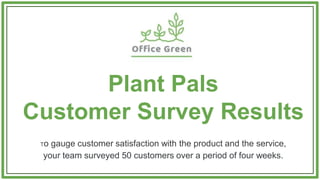 Plant Pals
Customer Survey Results
To gauge customer satisfaction with the product and the service,
your team surveyed 50 customers over a period of four weeks.
 