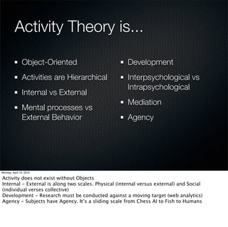 Activity Theory is...
 [Arrested] Development   Activities are Hierarchical

 Interpsychological vs    Agency
 Intrapsychological       Object-Oriented
 Mental processes vs      Internal vs External
 External Behavior
                          Mediation (Functinal Organs)
 