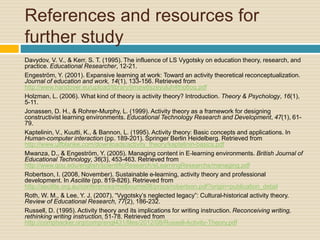 References and resources for
further study
Davydov, V. V., & Kerr, S. T. (1995). The influence of LS Vygotsky on education theory, research, and
practice. Educational Researcher, 12-21.
Engeström, Y. (2001). Expansive learning at work: Toward an activity theoretical reconceptualization.
Journal of education and work, 14(1), 133-156. Retrieved from
http://www.handover.eu/upload/library/jimaw6szeyuluh4tho6oq.pdf
Holzman, L. (2006). What kind of theory is activity theory? Introduction. Theory & Psychology, 16(1),
5-11.
Jonassen, D. H., & Rohrer-Murphy, L. (1999). Activity theory as a framework for designing
constructivist learning environments. Educational Technology Research and Development, 47(1), 61-
79.
Kaptelinin, V., Kuutti, K., & Bannon, L. (1995). Activity theory: Basic concepts and applications. In
Human-computer interaction (pp. 189-201). Springer Berlin Heidelberg. Retrieved from
http://www.ulfblanke.com/downloads/activity_theory/kaptelinin-basics.pdf
Mwanza, D., & Engeström, Y. (2005). Managing content in E‐learning environments. British Journal of
Educational Technology, 36(3), 453-463. Retrieved from
http://www.qou.edu/english/scientificResearch/eLearningResearchs/managing.pdf
Robertson, I. (2008, November). Sustainable e-learning, activity theory and professional
development. In Ascilite (pp. 819-826). Retrieved from
http://ascilite.org.au/conferences/melbourne08/procs/robertson.pdf?origin=publication_detail
Roth, W. M., & Lee, Y. J. (2007). “Vygotsky’s neglected legacy”: Cultural-historical activity theory.
Review of Educational Research, 77(2), 186-232.
Russell, D. (1995). Activity theory and its implications for writing instruction. Reconceiving writing,
rethinking writing instruction, 51-78. Retrieved from
http://comphacker.org/comp/engl431/files/2012/08/Russell-Activity-Theory.pdf
 