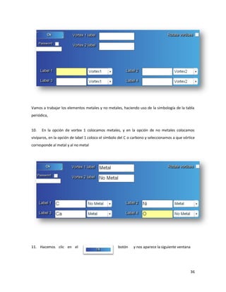 Vamos a trabajar los elementos metales y no metales, haciendo uso de la simbología de la tabla
periódica,


10.   En la opción de vortex 1 colocamos metales, y en la opción de no metales colocamos
vivíparos, en la opción de label 1 coloco el símbolo del C o carbono y seleccionamos a que vórtice
corresponde al metal y al no metal




11. Hacemos clic en el                              botón    y nos aparece la siguiente ventana




                                                                                                  36
 