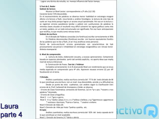 - Lograr una técnica de estudio, no maneja influencia del factor tiempo.

          5.Test de E. Boder
          Subtest de lectura
                  Alcanza un Nivel Lector: correspondiente a 2º año (12/ 20)
          Cociente lector:72% descendido.
          En el reconocimiento de palabras se observa menor habilidad en estrategia visogestáltica que
          afecta a la lectura a flash, recurriendo a análisis fonológico; la lectura de este tipo de personas
          suele ser muy lenta porque logran un acceso visual aproximado. Por eso en la lectura con tiempo
          se registran errores paraléxicos (probe x pobre) con sustituciones de palabras basadas en
          mínimas claves visuales al resultarle muy difícil convertir los signos gráficos como integrados en
          un texto, palabra, en un todo estructurado con significado. Por eso hace anticipaciones erróneas
          que rectifica, lo que resulta como retraso lector.
          Subtest de escritura
                  En el dictado de Palabras conocidas (no fonéticas) escribe correctamente el 40%.
                  En Palabras desconocidas (fonéticas) escribe con buenos equivalentes fonéticos el 90 %
          de las palabras que no lee a flash, al ser muy analíticas estas personas .
          Patrón de Lecto-escritural: errores gramaticales con características de habilidad en
          procesamiento secuencial e inhabilidad en estrategia visogestáltica con retraso lector (2º año) :
          dislexia visoespacial.

          6. Nivel de comprensión.
                  a. Lectura de texto, elaboración escueta, y escasas apreciaciones. Comprensión intuitiva
          basada en aspectos planteados partir del sentido explícito, no aporta ideas que impliquen cierto
          nivel de lectura inferencial.
                  b. Construcción de frases. Test de J. Feldman
                  Completa correctamente 6 en 8 alcanzando Nivel con rendimiento que se encuentra en la
          media esperada en comprensión para 4º año. Aparecen escasos errores (2) por dificultad en
          focalización en el tema.

          7.Dictado.
                  Análisis cuantitativo, realiza escritura correcta del 77 % del texto dictado de 86 palabras,
          lo que constituye una escritura con un nivel muy descendido, acorde a su dificultad específica.
                  Desde un punto de vista cualitativo, con análisis según la Clasificación Estructural de
          errores de la Prof. Carbonell de Grompone y Colab. se observa:
          - Errores de Clave Fonemática: omisiones de fonemas: /o/ en *pr x por, *nosotrs x nosotros; une
          palabras *alcostado,
          - Errores de Clave ortográfica:
           Nivel 2 r x rr *goro x gorro;
           Nivel 3 ll x y *plalla x playa; b x v, s x z*vellesa x belleza; j x g *jigantescas x gigantescas
                  * vosinaso x bocinazo, *fuersa x fuerza, * oseáno x océano.

Laura     Nivel 4 Omisión de tildes (4)
          Nivel 5 Omisión de tilde por hiato *podria x podría, etc.
          8.Copia


parte 4
                  Análisis cuantitativo, realiza escritura correcta del 92% del texto copiado de 64 palabras,
          lo que constituye un nivel aceptable.
          Nivel 1 Omisión de fonema /r/ *detás x detrás
 