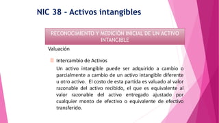 NIC 38 – Activos intangibles
Valuación
 Intercambio de Activos
Un activo intangible puede ser adquirido a cambio o
parcialmente a cambio de un activo intangible diferente
u otro activo. El costo de esta partida es valuado al valor
razonable del activo recibido, el que es equivalente al
valor razonable del activo entregado ajustado por
cualquier monto de efectivo o equivalente de efectivo
transferido.
RECONOCIMIENTO Y MEDICIÓN INICIAL DE UN ACTIVO
INTANGIBLE
 