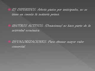  17) DIFERIDOS: Afecta gastos por anticipados, no se
tiene en cuenta la materia prima.
 18)OTROS ACTIVOS: (Donaciones) no hace parte de la
actividad económica.
 19)VALORIZACIONES: Para obtener mayor valor
comercial.
 