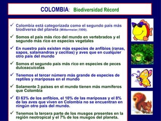 COLOMBIA: Biodiversidad Récord

   Colombia está categorizada como el segundo país más
    biodiverso del planeta (Mittermeier,1999).
   Somos el país más rico del mundo en vertebrados y el
    segundo más rico en especies vegetales
   En nuestro país existen más especies de anfibios (ranas,
    sapos, salamandras y cecilias) y aves que en cualquier
    otro país del mundo
   Somos el segundo país más rico en especies de peces
    dulceacuícolas
   Tenemos el tercer número más grande de especies de
    reptiles y mariposas en el mundo
   Solamente 3 países en el mundo tienen más mamíferos
    que Colombia
   El 63% de los anfibios, el 10% de las mariposas y el 8%
    de las aves que viven en Colombia no se encuentran en
    ningún otro país del mundo.
   Tenemos la tercera parte de los musgos presentes en la
    región neotropical y el 7% de los musgos del planeta.
 