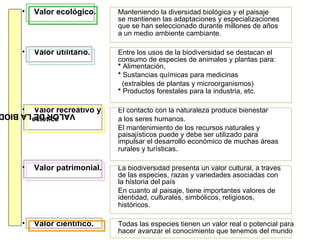 •   Valor ecológico.     Manteniendo la diversidad biológica y el paisaje
                            se mantienen las adaptaciones y especializaciones
                            que se han seleccionado durante millones de años
                            a un medio ambiente cambiante.

   •   Valor utilitario.    Entre los usos de la biodiversidad se destacan el
                            consumo de especies de animales y plantas para:
                            * Alimentación,
                            * Sustancias químicas para medicinas
                              (extraibles de plantas y microorganismos)
                            * Productos forestales para la industria, etc.

   •   Valor recreativo y
VALOR DE LA BIO
VALOR DE LA BIO             El contacto con la naturaleza produce bienestar
       estético             a los seres humanos.
                            El mantenimiento de los recursos naturales y
                            paisajísticos puede y debe ser utilizado para
                            impulsar el desarrollo económico de muchas áreas
                            rurales y turísticas.

   •   Valor patrimonial.   La biodiversidad presenta un valor cultural, a través
                            de las especies, razas y variedades asociadas con
                            la historia del país
                            En cuanto al paisaje, tiene importantes valores de
                            identidad, culturales, simbólicos, religiosos,
                            históricos.

   •   Valor científico.    Todas las especies tienen un valor real o potencial para
                            hacer avanzar el conocimiento que tenemos del mundo.
 