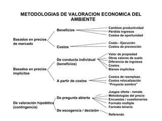METODOLOGIAS DE VALORACION ECONOMICA DEL
                     AMBIENTE
                                                      Cambios productividad
                           Beneficios                 Pérdida ingresos
                                                      Costos de oportunidad
Basados en precios
de mercado                                            Costo - Ejecución
                           Costos                     Costos de prevención

                                                      Valor de propiedad
                                                      Otros valores de suelo
                           De conducta individual
                                                      Diferencia de ingresos
                           (beneficios)               Costos
Basados en precios                                    Bienes implícitos
implícitos
                                                      Costos de reemplazo
                           A partir de costos         Costos relocalización
                                                      “Proyecto sombra”

                                                      Juegos oferta - remate
                                                      Metodologías del precio
                           De pregunta abierta        Encuestas / cuestionarios
De valoración hipotética                              Formato múltiple
(contingencia)                                        Formato binario
                           De escogencia / decisión
                                                      Referendo
 