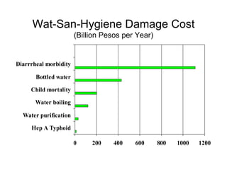 Wat-San-Hygiene Damage Cost
                       (Billion Pesos per Year)


Diarrrheal morbidity

       Bottled water

     Child mortality

       Water boiling

  Water purification

     Hep A Typhoid

                       0    200    400   600      800   1000   1200
 