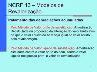 21
Tratamento das depreciações acumuladas
Pelo Método de Valor bruto de substituição: Amortização
Recalculada na proporção da alteração do valor bruto afim
de que o valor líquido do bem seja igual ao valor obtido
pela revalorização.
Pelo Método de Valor líquido de substituição: Amortização
eliminada contra o valor bruto do bem, sendo o valor
líquido reexpresso para o valor de revalorização.
NCRF 13 – Modelos de
Revalorização
 