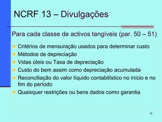 25
Para cada classe de activos tangíveis (par. 50 – 51)
Critérios de mensuração usados para determinar custo
Métodos de depreciação
Vidas úteis ou Taxa de depreciação
Custo do bem assim como depreciação acumulada
Reconciliação do valor líquido contabilístico no início e no
fim do período
Quaisquer restrições ou bens dados como garantia
NCRF 13 – Divulgações
 