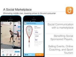 A Social Marketplace
Eliminating middle men, lowering prices to the end consumer
Social Communication
with a marketplace
Beneﬁting Social
Sponsored Players,
Selling Events, Online
Coaching, and Sport
Tourism
 