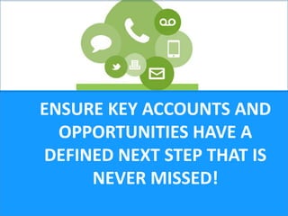 ENSURE KEY ACCOUNTS AND
OPPORTUNITIES HAVE A
DEFINED NEXT STEP THAT IS
NEVER MISSED!
 