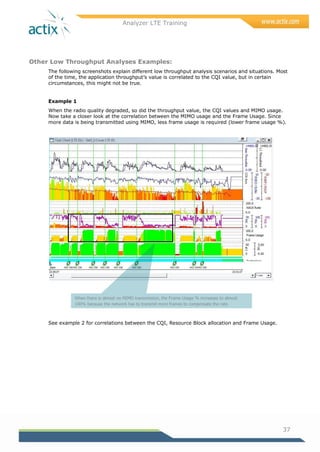 Analyzer LTE Training
37
Other Low Throughput Analyses Examples:
The following screenshots explain different low throughput analysis scenarios and situations. Most
of the time, the application throughput‘s value is correlated to the CQI value, but in certain
circumstances, this might not be true.
Example 1
When the radio quality degraded, so did the throughput value, the CQI values and MIMO usage.
Now take a closer look at the correlation between the MIMO usage and the Frame Usage. Since
more data is being transmitted using MIMO, less frame usage is required (lower frame usage %).
See example 2 for correlations between the CQI, Resource Block allocation and Frame Usage.
When there is almost no MIMO transmission, the Frame Usage % increases to almost
100% because the network has to transmit more frames to compensate the rate.
 