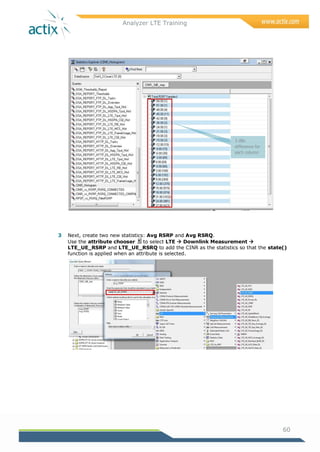 Analyzer LTE Training
60
3 Next, create two new statistics: Avg RSRP and Avg RSRQ.
Use the attribute chooser to select LTE  Downlink Measurement 
LTE_UE_RSRP and LTE_UE_RSRQ to add the CINR as the statistics so that the state()
function is applied when an attribute is selected.
3 dBs
difference for
each column
 