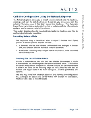 Introduction to A-SVS for Network Optimization - GSM Page 114 
Introduction to A-SVS for GSM 
Cell Site Configuration Using the Network Explorer 
The Network Explorer allows you to import network element data into Analyzer, 
creating a cell plan file called cellrefs.txt. It also lets you browse and edit this 
network information once it has been loaded into Analyzer. The Automatic 
Import feature provides an automated method of updating cell site information in 
Analyzer as changes are made to the network. 
This section describes how to import delimited data into Analyzer, and how to 
configure the Automatic Import tool. 
Importing Network Data 
The important thing to remember about Analyzer’s network data import 
process is that the process requires two files: 
1. A delimited text file that contains unformatted data arranged in tabular 
form, with one row for each individual sector in a network. 
2. A blank file, containing only Analyzer header information, to be populated 
with formatted data. 
Obtaining Site Data in Tabular Format 
In order to import cell site data from your own network, you will need to obtain 
a delimited text file containing the data listed in the table below. To maximize 
the benefit Analyzer can bring to GSM network analysis, the parameters listed 
in bold in the table on the following page are REQUIRED for cell data to 
function with logged data in the main workspace. All other parameters are 
optional. 
The data may come from a network database or a planning tool configuration 
file. As long as the data is in a tabular format with one row for each sector, 
Analyzer will be able to import the data. 
 