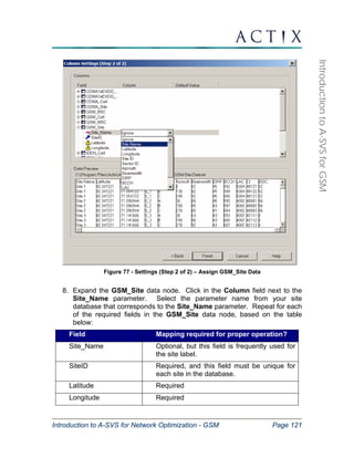 Introduction to A-SVS for Network Optimization - GSM Page 121 
Introduction to A-SVS for GSM 
Figure 77 - Settings (Step 2 of 2) – Assign GSM_Site Data 
8. Expand the GSM_Site data node. Click in the Column field next to the 
Site_Name parameter. Select the parameter name from your site 
database that corresponds to the Site_Name parameter. Repeat for each 
of the required fields in the GSM_Site data node, based on the table 
below: 
Field Mapping required for proper operation? 
Site_Name Optional, but this field is frequently used for 
the site label. 
SiteID Required, and this field must be unique for 
each site in the database. 
Latitude Required 
Longitude Required 
 