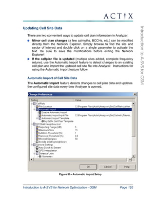 Introduction to A-SVS for Network Optimization - GSM Page 126 
Introduction to A-SVS for GSM 
Updating Cell Site Data 
There are two convenient ways to update cell plan information in Analyzer: 
Minor cell plan changes (a few azimuths, BCCHs, etc.) can be modified 
directly from the Network Explorer. Simply browse to find the site and 
sector of interest and double click on a single parameter to activate the 
text. Be sure to save the modifications before exiting the Network 
Explorer! 
If the cellplan file is updated (multiple sites added, complete frequency 
retune), use the Automatic Import feature to detect changes to an existing 
cell plan and import the updated cell site file into Analyzer. Instructions for 
using the Automatic Import feature follow. 
Automatic Import of Cell Site Data 
The Automatic Import feature detects changes to cell plan data and updates 
the configured site data every time Analyzer is opened. 
Figure 80 - Automatic Import Setup 
 