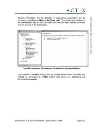 Introduction to A-SVS for Network Optimization - GSM Page 138 
Introduction to A-SVS for GSM 
Specific information, like the definition of engineering parameters, can be 
accessed by clicking on Help → Attribute Help. You can look up an item in 
the alphabetized list, or you can open the Attribute Help window, and then 
click on an item in the Workspace. 
Figure 89 - Highlighted Parameter and Corresponding Attribute Help Entry 
The contents of the Help window can be printed, stored under Favorites, and 
resized or minimized to enable side-by-side review as operations are 
performed in Analyzer. 
 