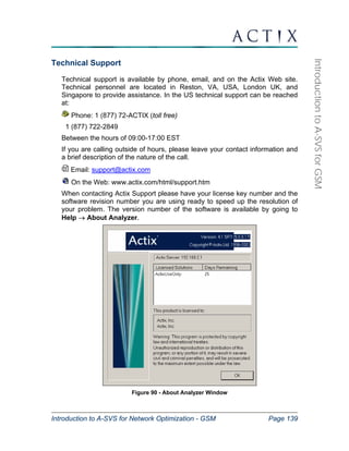 Introduction to A-SVS for Network Optimization - GSM Page 139 
Introduction to A-SVS for GSM 
Technical Support 
Technical support is available by phone, email, and on the Actix Web site. 
Technical personnel are located in Reston, VA, USA, London UK, and 
Singapore to provide assistance. In the US technical support can be reached 
at: 
Phone: 1 (877) 72-ACTIX (toll free) 
1 (877) 722-2849 
Between the hours of 09:00-17:00 EST 
If you are calling outside of hours, please leave your contact information and 
a brief description of the nature of the call. 
Email: support@actix.com 
On the Web: www.actix.com/html/support.htm 
When contacting Actix Support please have your license key number and the 
software revision number you are using ready to speed up the resolution of 
your problem. The version number of the software is available by going to 
Help → About Analyzer. 
Figure 90 - About Analyzer Window 
 