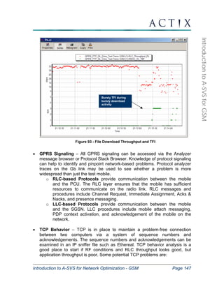 Bursty TFI during 
bursty download 
activity 
Introduction to A-SVS for Network Optimization - GSM Page 147 
Introduction to A-SVS for GSM 
Figure 93 - File Download Throughput and TFI 
• GPRS Signaling – All GPRS signaling can be accessed via the Analyzer 
message browser or Protocol Stack Browser. Knowledge of protocol signaling 
can help to identify and pinpoint network-based problems. Protocol analyzer 
traces on the Gb link may be used to see whether a problem is more 
widespread than just the test mobile. 
o RLC-based Protocols provide communication between the mobile 
and the PCU. The RLC layer ensures that the mobile has sufficient 
resources to communicate on the radio link. RLC messages and 
procedures include Channel Request, Immediate Assignment, Acks & 
Nacks, and presence messaging. 
o LLC-based Protocols provide communication between the mobile 
and the SGSN. LLC procedures include mobile attach messaging, 
PDP context activation, and acknowledgement of the mobile on the 
network. 
• TCP Behavior – TCP is in place to maintain a problem-free connection 
between two computers via a system of sequence numbers and 
acknowledgements. The sequence numbers and acknowledgements can be 
examined in an IP sniffer file such as Ethereal. TCP behavior analysis is a 
good place to start if RF conditions and RLC throughput looks good, but 
application throughput is poor. Some potential TCP problems are: 
 