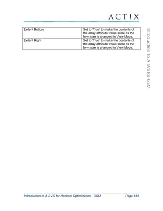 Introduction to A-SVS for Network Optimization - GSM Page 156 
Introduction to A-SVS for GSM 
Extent Bottom Set to ‘True’ to make the contents of 
the array attribute value scale as the 
form size is changed in View Mode. 
Extent Right Set to ‘True’ to make the contents of 
the array attribute value scale as the 
form size is changed in View Mode. 
