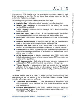 Introduction to A-SVS for Network Optimization - GSM Page 32 
Introduction to A-SVS for GSM 
Upon loading a GSM data file, note that several data groups are created for each 
device contained in the file. To see these data groups, open any log file 
contained in the training package. 
The following data groups are created under the GSM node: 
Statistics Data – Information about handover interval and duration 
Serving Cell Parameters – Information about the serving cell identity, 
serving BCCH, and BSIC. 
Target Cell Info – Information about the target cell for a handoff including 
BCCH and BSIC. 
Dedicated Radio Link – Once a call has been established, parameters 
that are associated with the cell serving the call are contained here. 
Device Info – Information about the specifications of the mobile making 
the call. 
Downlink Measurements – Serving RxLev and RxQual measurements 
made by the mobile, which are also broken out by ARFCN. 
Neighbor Cell Info – BCCH, BSIC, and RxLev for each neighbor. In 
addition, all neighbor measurements are broken out by channel number. 
Event Data – Call events triggered by Layer 3 messaging or registered by 
the drive test vendor’s equipment. If an event is not present in the tree, it 
did not occur in the file. 
GPRS Measurements – Metrics associated with GPRS data calls, 
including throughput, coding scheme, channel usage, TBF information and 
events can be found here. 
AMR Measurements – Call setup and inband signaling measurements 
extracted from AMR-enabled handsets are contained in this group. 
Vendor Specific – Measurements that are specific to the particular 
collection device used. Specific events registered by the T+M vendors’ 
hardware not derived from layer 3 messaging by Analyzer are included 
here. 
The Data Testing node in a GPRS or EDGE handset stream provides data 
parameters that are not specific to the air interface. Under the Data Testing 
node, the following groups may be found: 
Application Measurements – Find instantaneous application layer 
throughput here. This is the value that most closely approximates the end 
user’s experience. 
Protocol Measurements – This group contains throughput values for 
each layer in the IP stack. This group contains statistics for the IP, PPP, 
TCP, ICMP and RLP2 layers. 
 