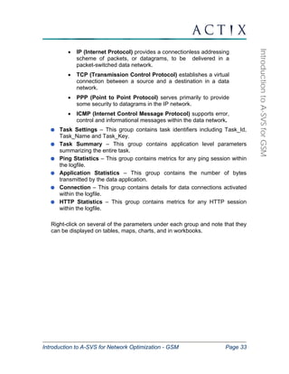 Introduction to A-SVS for Network Optimization - GSM Page 33 
Introduction to A-SVS for GSM 
• IP (Internet Protocol) provides a connectionless addressing 
scheme of packets, or datagrams, to be delivered in a 
packet-switched data network. 
• TCP (Transmission Control Protocol) establishes a virtual 
connection between a source and a destination in a data 
network. 
• PPP (Point to Point Protocol) serves primarily to provide 
some security to datagrams in the IP network. 
• ICMP (Internet Control Message Protocol) supports error, 
control and informational messages within the data network. 
Task Settings – This group contains task identifiers including Task_Id, 
Task_Name and Task_Key. 
Task Summary – This group contains application level parameters 
summarizing the entire task. 
Ping Statistics – This group contains metrics for any ping session within 
the logfile. 
Application Statistics – This group contains the number of bytes 
transmitted by the data application. 
Connection – This group contains details for data connections activated 
within the logfile. 
HTTP Statistics – This group contains metrics for any HTTP session 
within the logfile. 
Right-click on several of the parameters under each group and note that they 
can be displayed on tables, maps, charts, and in workbooks. 
 