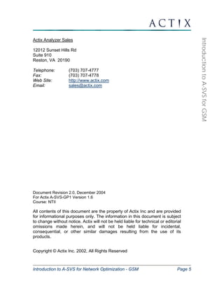 Introduction to A-SVS for Network Optimization - GSM Page 5 
Introduction to A-SVS for GSM 
Actix Analyzer Sales 
12012 Sunset Hills Rd 
Suite 910 
Reston, VA 20190 
Telephone: (703) 707-4777 
Fax: (703) 707-4778 
Web Site: http://www.actix.com 
Email: sales@actix.com 
Document Revision 2.0, December 2004 
For Actix A-SVS-GP1 Version 1.6 
Course: NTII 
All contents of this document are the property of Actix Inc and are provided 
for informational purposes only. The information in this document is subject 
to change without notice. Actix will not be held liable for technical or editorial 
omissions made herein, and will not be held liable for incidental, 
consequential, or other similar damages resulting from the use of its 
products. 
Copyright © Actix Inc. 2002, All Rights Reserved 
 