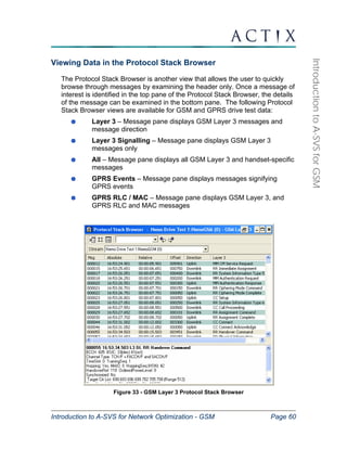 Introduction to A-SVS for Network Optimization - GSM Page 60 
Introduction to A-SVS for GSM 
Viewing Data in the Protocol Stack Browser 
The Protocol Stack Browser is another view that allows the user to quickly 
browse through messages by examining the header only. Once a message of 
interest is identified in the top pane of the Protocol Stack Browser, the details 
of the message can be examined in the bottom pane. The following Protocol 
Stack Browser views are available for GSM and GPRS drive test data: 
Layer 3 – Message pane displays GSM Layer 3 messages and 
message direction 
Layer 3 Signalling – Message pane displays GSM Layer 3 
messages only 
All – Message pane displays all GSM Layer 3 and handset-specific 
messages 
GPRS Events – Message pane displays messages signifying 
GPRS events 
GPRS RLC / MAC – Message pane displays GSM Layer 3, and 
GPRS RLC and MAC messages 
Figure 33 - GSM Layer 3 Protocol Stack Browser 
 