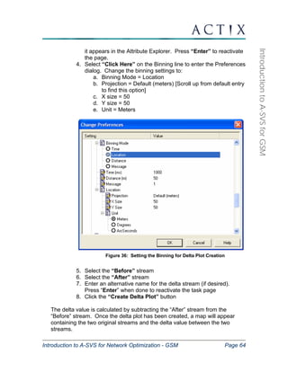 Introduction to A-SVS for Network Optimization - GSM Page 64 
Introduction to A-SVS for GSM 
it appears in the Attribute Explorer. Press “Enter” to reactivate 
the page. 
4. Select “Click Here” on the Binning line to enter the Preferences 
dialog. Change the binning settings to: 
a. Binning Mode = Location 
b. Projection = Default (meters) [Scroll up from default entry 
to find this option] 
c. X size = 50 
d. Y size = 50 
e. Unit = Meters 
Figure 36: Setting the Binning for Delta Plot Creation 
5. Select the “Before” stream 
6. Select the “After” stream 
7. Enter an alternative name for the delta stream (if desired). 
Press “Enter” when done to reactivate the task page 
8. Click the “Create Delta Plot” button 
The delta value is calculated by subtracting the “After” stream from the 
“Before” stream. Once the delta plot has been created, a map will appear 
containing the two original streams and the delta value between the two 
streams. 
 